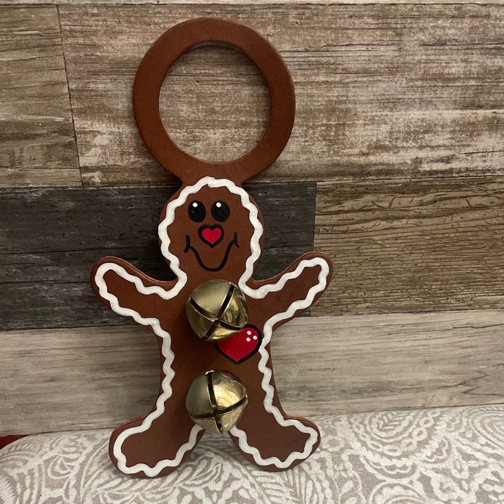 Christmas Gingerbread Man Leather Door Hanger Bells Holiday Decoration